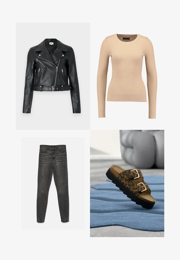Zwarte leren cropped bikerjack met zilverkleurige ritsen, brede revers en een tailleband met ceintuur. Getextureerde afwerking met vier zakken met rits.; Geribbelde lange mouwen trui in lichtbeige, gemaakt van rekbaar materiaal. Kenmerkt zich door een ronde halslijn en een getailleerde pasvorm met gebande mouwen.; Donkergrijze slim-fit jeans met knoop- en ritssluiting, voor- en achterzakken, plat weergegeven op een witte achtergrond.; Bruine slippertjes met luipaardprint, voorzien van twee gouden gespen, een voetbed van kurk en een zwarte rubberen zool met geribbelde rand. De textuur van het oppervlak is zichtbaar.