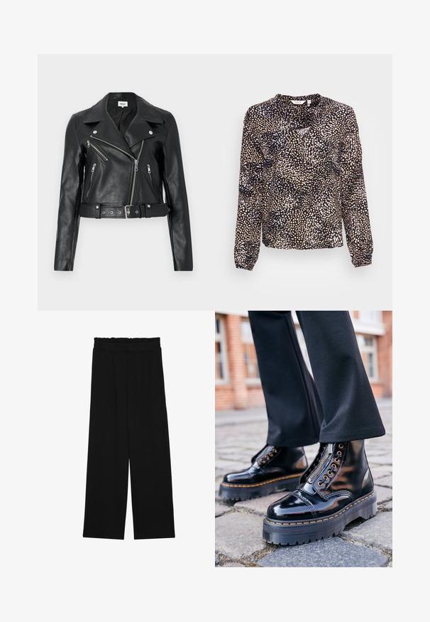 Chaqueta de cuero negro estilo biker recortada con cremalleras plateadas, solapas anchas y cintura con cinturón. Acabado texturizado con cuatro bolsillos con cremallera.; Blusa de manga larga en tela negra con un patrón de puntos dispersos en beige y azul claro. Presenta un ajuste relajado y detalles de botones.; Pantalones de pierna ancha negros con una cintura con volantes, que cuentan con dos bolsillos laterales y una tela suave y ligera. Sin patrones visibles ni accesorios.; Botas anatómicas de charol negro con una suela de goma gruesa, cremallera lateral, herrajes dorados y detalle de costura amarilla en contraste.