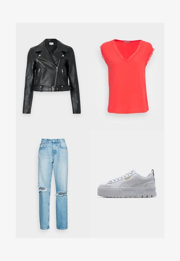 Schwarze, kurz geschnittene Bikerjacke aus Leder mit silbernen Reißverschlüssen, breiten Revers und tailliertem Gürtel. Strukturierte Oberfläche mit vier Reißverschlusstaschen.; ONLY ONLJASMINA V NECK - Bluse - poppy red; ONLY ONLROBYN DESTROY - Jeans Relaxed Fit - light blue dnm; Weiße Plattform-Sneaker mit einem glatten Lederoberteil, gepolstertem Kragen, grauer Gummisohle und goldenen Akzenten mit dem Puma-Logo.
