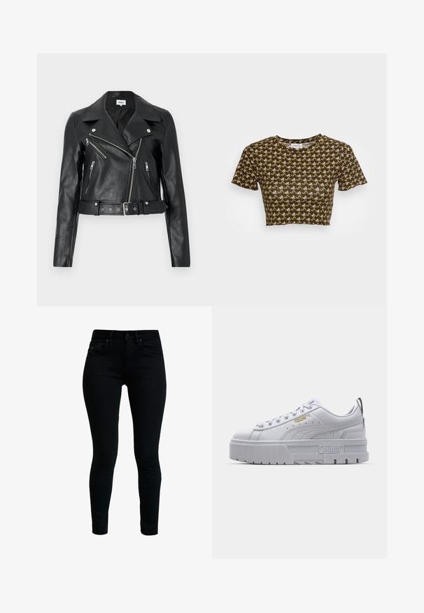 Zwarte leren cropped bikerjack met zilverkleurige ritsen, brede revers en een tailleband met ceintuur. Getextureerde afwerking met vier zakken met rits.; Bruine cropped t-shirt met korte mouwen, voorzien van een herhalend patroon in crème en lichtgroen. Zachte textuur met een ronde hals.; Zwarte denim skinny jeans met een gladde textuur, vijf zakken en metalen hardware. Kenmerkt zich door een klassieke taille en een aansluitend beenontwerp.; Witte platform sneakers met een leren bovenwerk, gevoerde kraag, grijze rubberen zool en gouden accenten met het Puma-logo.