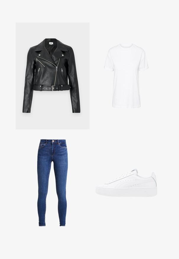 Zwarte leren cropped bikerjack met zilverkleurige ritsen, brede revers en een tailleband met ceintuur. Getextureerde afwerking met vier zakken met rits.; Witte katoenen T-shirt met korte mouwen, een ronde hals en een relaxte pasvorm, met een gladde textuur en zonder zichtbare patronen.; Pieces PCDELLY - Jeans Skinny Fit - medium blue denim; Witte platte sneakers met leren bovenzijde, ronde neus en vetersluiting. Voorzien van zijperforaties en subtiele branding op de hak.