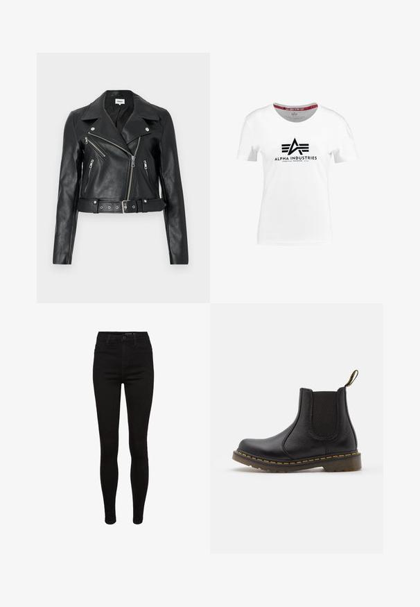 Zwarte leren cropped bikerjack met zilverkleurige ritsen, brede revers en een tailleband met ceintuur. Getextureerde afwerking met vier zakken met rits.; Witte katoenen t-shirt met een zwart logo met een gestileerde "A" en horizontale lijnen. Machine-gestikte ronde hals, korte mouwen.; Zwarte denim skinny jeans met een hoge taille, vijf-pocket ontwerp, riemlussen en subtiele stikdetails. Glad textuur, figuurvormende pasvorm.; Zwarte leren Chelsea-boot met elastische zijpanelen, ronde neus, gele stiksels, rubberen zool en een trekhaak aan de achterkant voor gemakkelijk aan- en uittrekken.