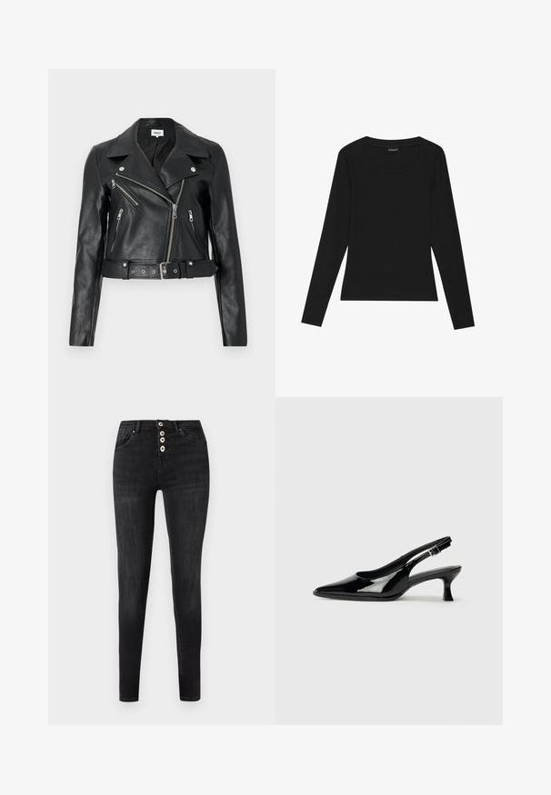 Chaqueta de cuero negro estilo biker recortada con cremalleras plateadas, solapas anchas y cintura con cinturón. Acabado texturizado con cuatro bolsillos con cremallera.; Top negro de manga larga acanalada con escote redondeado y silueta ajustada. La tela tiene una textura suave y una calidad elástica.; Vaqueros skinny negros de talle alto con cuatro botones blancos visibles y bolsillos delanteros, mostrados sobre un fondo liso gris claro.; Zapatos de charol negro tipo slingback con punta afilada y tacón bajo. Correa ajustable con hebilla en el tobillo.