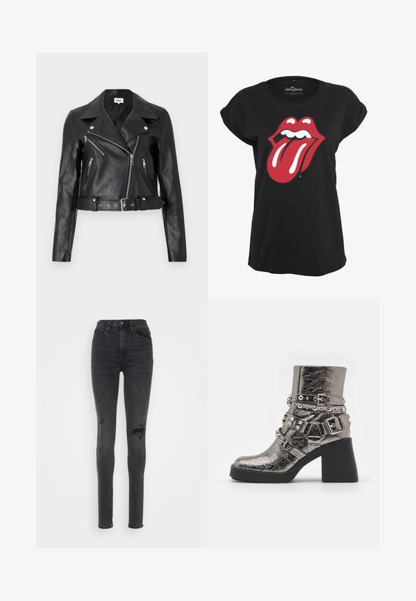 Zwarte leren cropped bikerjack met zilverkleurige ritsen, brede revers en een tailleband met ceintuur. Getextureerde afwerking met vier zakken met rits.; Zwarte t-shirt van katoen met een rood en wit Rolling Stones logo graphic van lippen en een tong op de voorkant. Rond de hals.; Dunne high-waisted jeans in donkergrijs denim met beschadigde details, inclusief scheuren op de knie, en een gladde textuur.; Metallisch zilveren enkelboot met meerdere zwarte banden, zilveren studs en een chunky zwarte hak. Gegeneraliseerde oppervlakte met een glanzende afwerking.