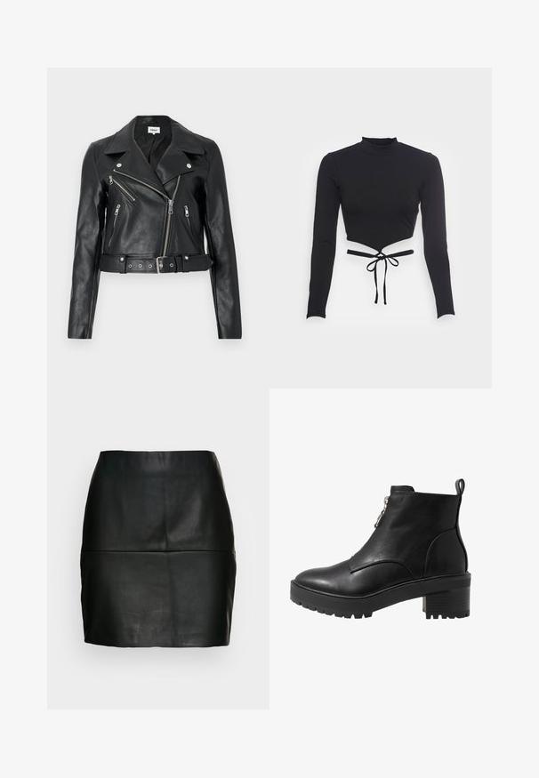 Chaqueta de cuero negro estilo biker recortada con cremalleras plateadas, solapas anchas y cintura con cinturón. Acabado texturizado con cuatro bolsillos con cremallera.; Even&Odd Camiseta de manga larga - black; Mini falda de cuero negra con una textura suave, silueta ajustada y un detalle de costura en la cintura. Sin cierres visibles.; Bota negra de cuero hasta el tobillo con cierre de cremallera lateral, tacón grueso negro y suela texturizada para una mejor tracción. Acabado liso con acentos mínimos.