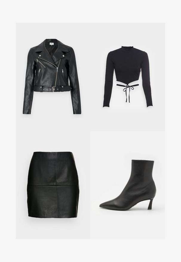 Zwarte leren cropped bikerjack met zilverkleurige ritsen, brede revers en een tailleband met ceintuur. Getextureerde afwerking met vier zakken met rits.; Even&Odd by Zalando Longsleeve - black; Zwart leren minirok met een gladde textuur, aansluitende silhouet en een stiksel detail bij de tailleband. Geen zichtbare sluitingen.; Steve Madden LULAH - Enkelkaarsjes - black
