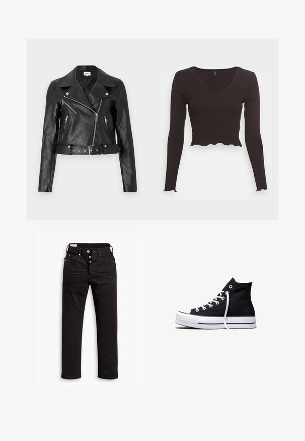 Sort læder bikerjakke cropped med sølv lynlåse, brede revers og bælte i taljen. Tekstureret finish med fire lynlåslommer.; Sort cropped langærmet top lavet af ribbet stof, med en V-udskæring og en bølget kant langs bunden og ærmerne.; Sorte lige jeans med knaplukning, front- og baglommer samt kobbernitte detaljer på en hvid baggrund.; Sort high-top canvas sneaker med hvid gummisål og hvide snørebånd, vist fra siden mod en hvid baggrund.