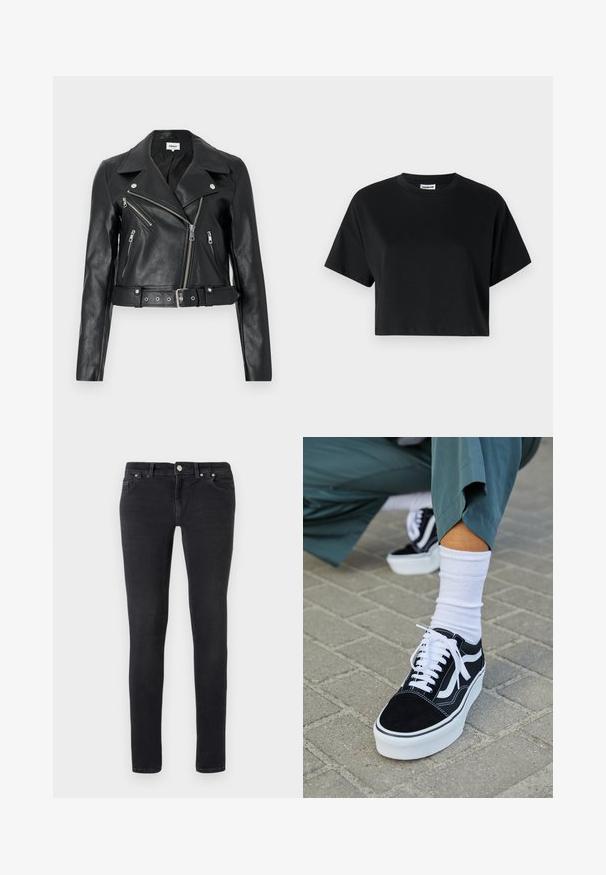 Sort læder bikerjakke cropped med sølv lynlåse, brede revers og bælte i taljen. Tekstureret finish med fire lynlåslommer.; Sort cropped t-shirt med korte ærmer, rund halsudskæring, lavet af glat bomuldsstof, med minimalistisk design og subtile syninger.; Sorte slim-fit jeans med femlommerdesign, knaplukning og bæltestropper, ligger fladt på en ensfarvet hvid baggrund.; Sorte ruskinds sneakers med hvide accenter og snørebånd, der har en tyk hvid sål og kontrasterende syninger, parret med en hvid sok.