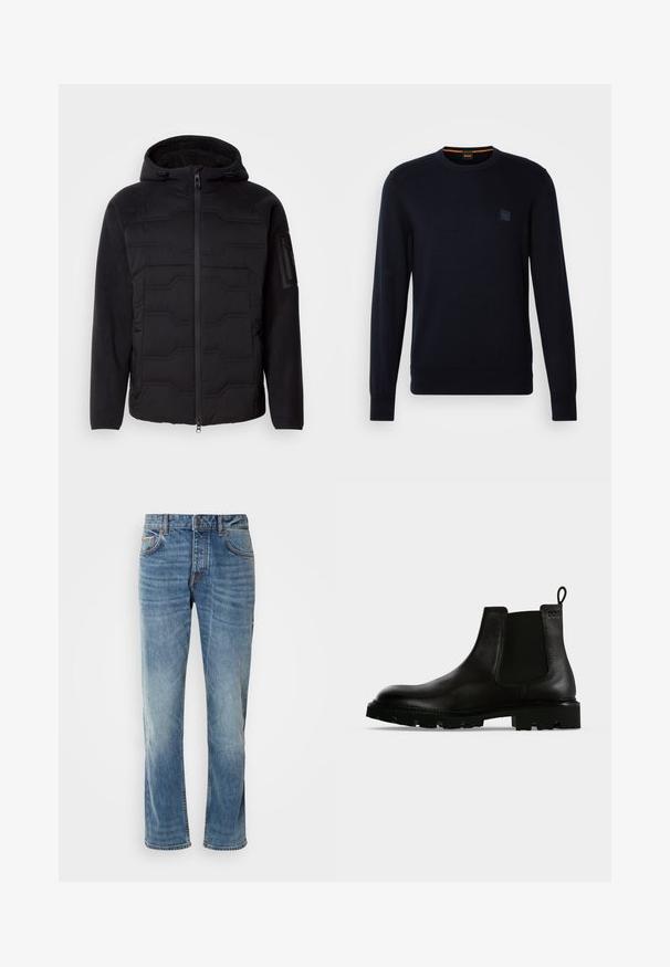 Schwarze Kapuzenjacke mit gesteppter Vorderseite, Fleece-Ärmeln und -Futter, Front-Reißverschluss und Reißverschlusstasche am linken Ärmel.; Marineblauer Strickpullover mit langen Ärmeln, Rundhalsausschnitt, gerippten Bündchen und Saum, mit einem kleinen quadratischen Logo-Patch auf der Brust.; Helle blaue Jeans aus Denim mit geraden Beinen, fünf Taschen, kontrastierenden Nähten und einem abgewetzten Finish. Verfügt über einen Knopf- und Reißverschluss.; Schwarzer Chelsea-Boot aus Leder bis zum Knöchel mit dicker Profilsohle, elastischen Seiteneinsätzen und Zuglasche auf einfarbigem Hintergrund.