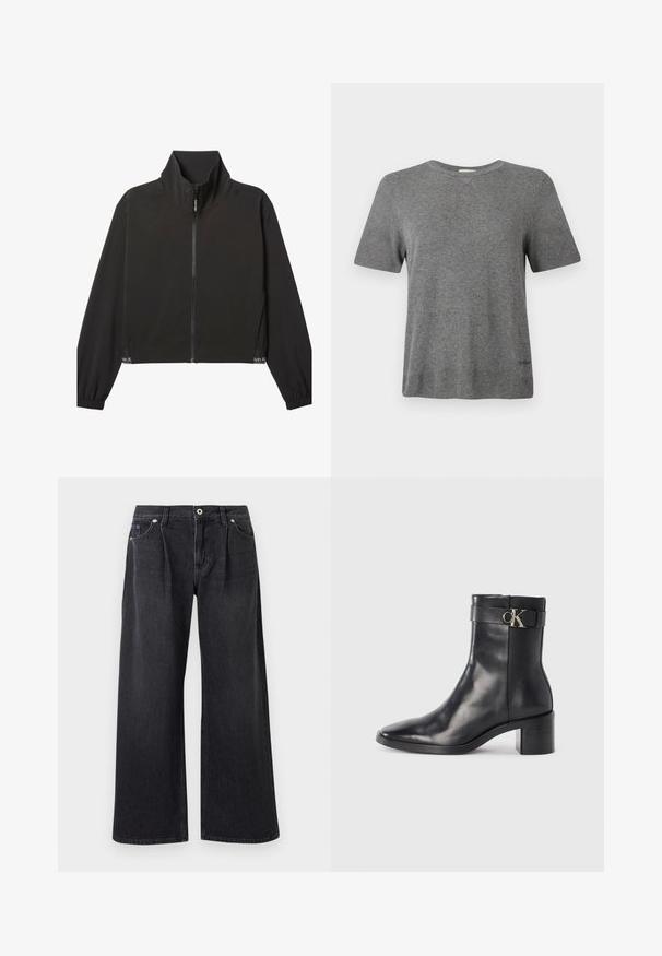 Zwarte lange mouwen jas met rits, hoge kraag, elastische manchetten en een subtiel wit Calvin Klein-logo nabij de zoom aan beide zijden.; Grijs T-shirt met korte mouwen van zachte stof. Ronde hals, relaxte pasvorm, met een subtiel logo bij de zoom. Overal een gladde textuur.; Zwarte flare jeans van denim, met een knoopsluiting aan de voorkant, twee voorzakken en een nette afwerking zonder versieringen.; Zwarte leren enkellaars met een spitse neus, blokhak en een bandje met een metallic logo. Gladde textuur en minimalistisch ontwerp.