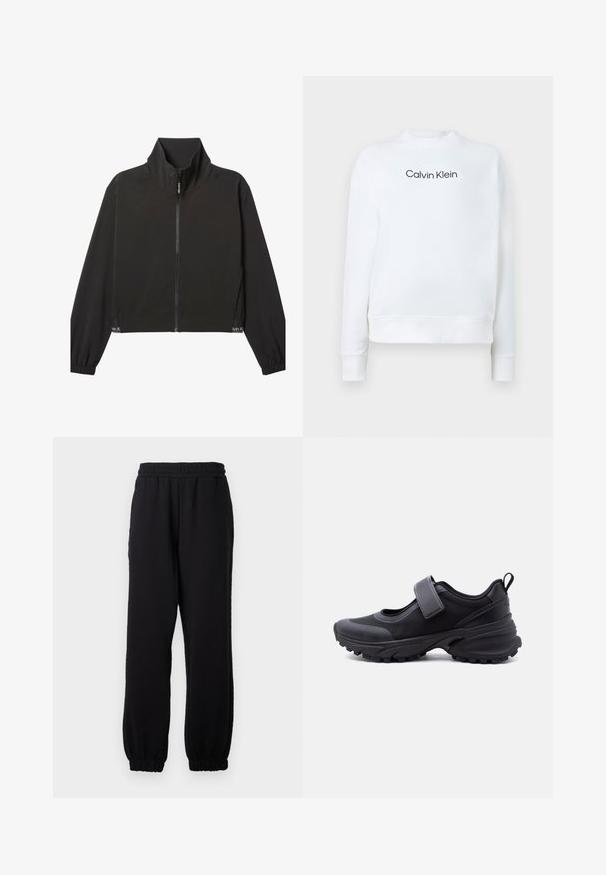 Čierna bunda na zips s dlhými rukávmi a vysokým golierom, elastickými manžetami a jemným bielym logom Calvin Klein blízko lemu na oboch stranách.; Biely sveter vyrobený z mäkkej tkaniny, s okrúhlym výstrihom a dlhými rukávmi. Na prednej strane je zobrazené logo "Calvin Klein" v čiernej farbe.; Čierne joggery s elastickým pásom a členkami, voľný strih, vyrobené z mäkkej látky, zobrazené na jednoduchom pozadí.; Čierna športová obuv s robustnou podrážkou, nastaviteľným remienkom cez hornú časť a pútkom na päte, zobrazená z boku na bielom pozadí.