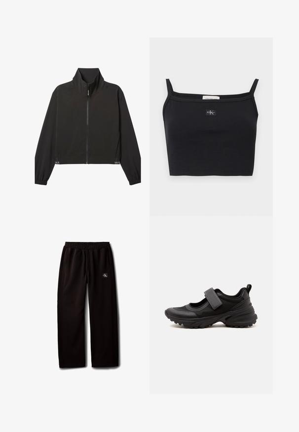 Čierna bunda na zips s dlhými rukávmi a vysokým golierom, elastickými manžetami a jemným bielym logom Calvin Klein blízko lemu na oboch stranách.; Čierny pruhovaný krátky top s tenkými ramienkami a malou nášivkou s logom Calvin Klein v strede na hrudi.; Čierne široké nohavice s elastickým pásom a bočnými vreckami, s malou nášivkou s logom Calvin Klein na pravom stehne.; Čierna športová topánka v štýle Mary Jane s hrubou podrážkou s dezénom, nastaviteľným remienkom cez vrch a ťahacou slučkou na päte.