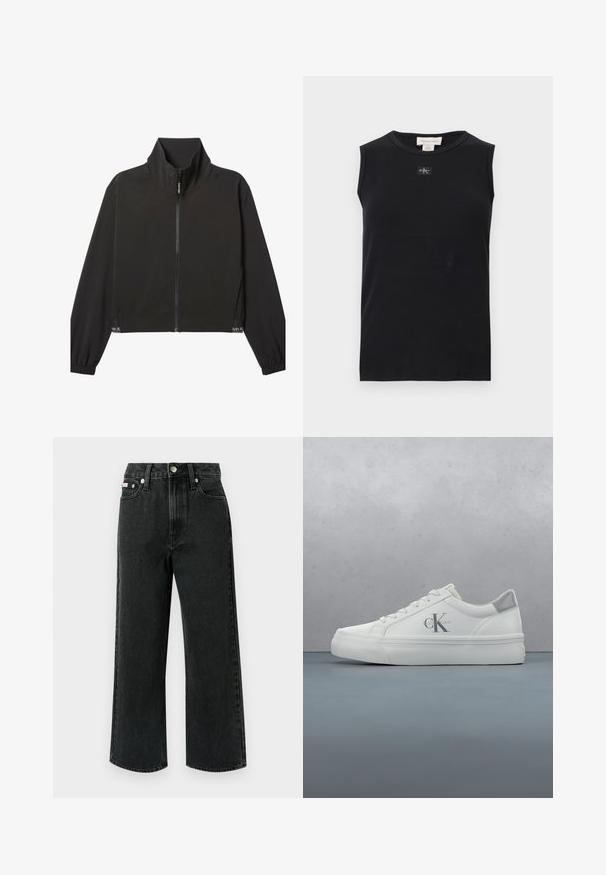 Zwarte lange mouwen jas met rits, hoge kraag, elastische manchetten en een subtiel wit Calvin Klein-logo nabij de zoom aan beide zijden.; Zwart mouwloos, geribbeld tanktop met ronde hals en een klein Calvin Klein-logoplaatje in het midden onder de kraag.; Zwarte wijde jeans van denim, met een hoge taille, twee voorzakken, één achterzak en een knoopsluiting met een zilveren accent.; Witte leren sneakers met een platte zool, voorzien van een subtiele grijze hielaccent en een prominent 'CK' logo aan de zijkant.