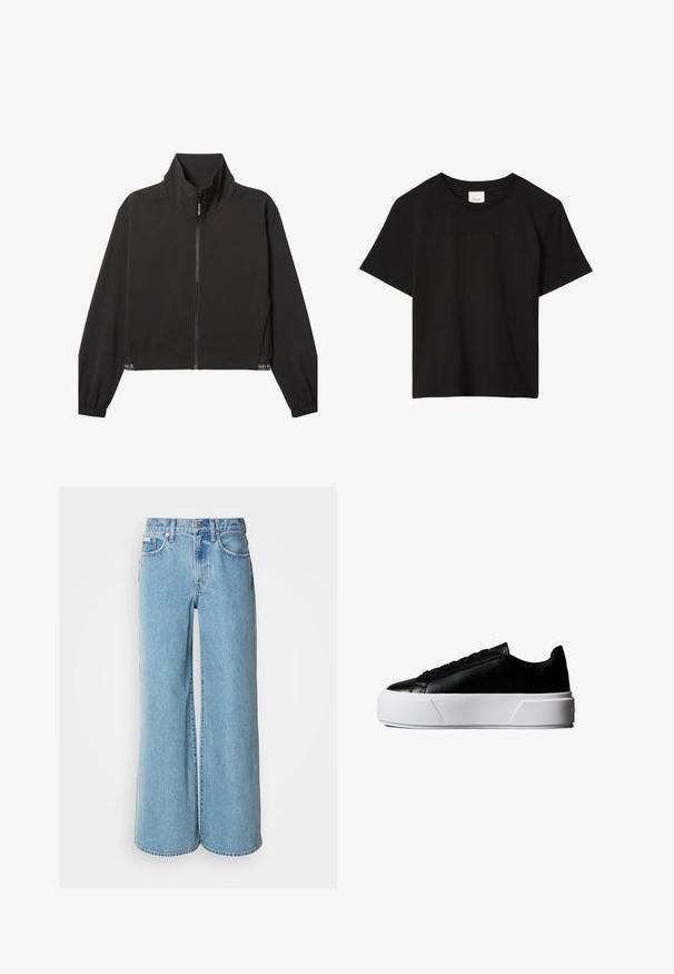 Čierna bunda na zips s dlhými rukávmi a vysokým golierom, elastickými manžetami a jemným bielym logom Calvin Klein blízko lemu na oboch stranách.; Čierne tričko s krátkym rukávom a okrúhlym výstrihom s jemne vyrazeným logom Calvin Klein umiestneným v strede hrudníka.; Svetlomodré široké rifle vyrobené z denimu, s vysokým pásom, päticou vreciek a jemným vyblednutím na látke.; Čierna nízka teniska s hrubou bielou platformovou podrážkou a čiernymi šnúrkami, bočný pohľad na bielom pozadí.
