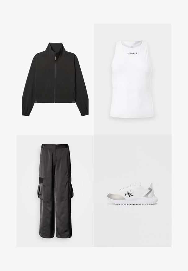Čierna bunda na zips s dlhými rukávmi a vysokým golierom, elastickými manžetami a jemným bielym logom Calvin Klein blízko lemu na oboch stranách.; Biele dámske športové tielko Calvin Klein bez rukávov s vysokým výstrihom a jemne textúrovanou tkaninou.; Čierne cargo nohavice z hladkej tkaniny, s širokými nohavicami, veľkými bočnými vreckami a plochým pásom s ozdobnými detailmi.; Biele športové topánky so strieborným akcentom, hladkým povrchom a gumovou podrážkou. Obsahujú výrazné čierne logo na boku a na šnúrkach.