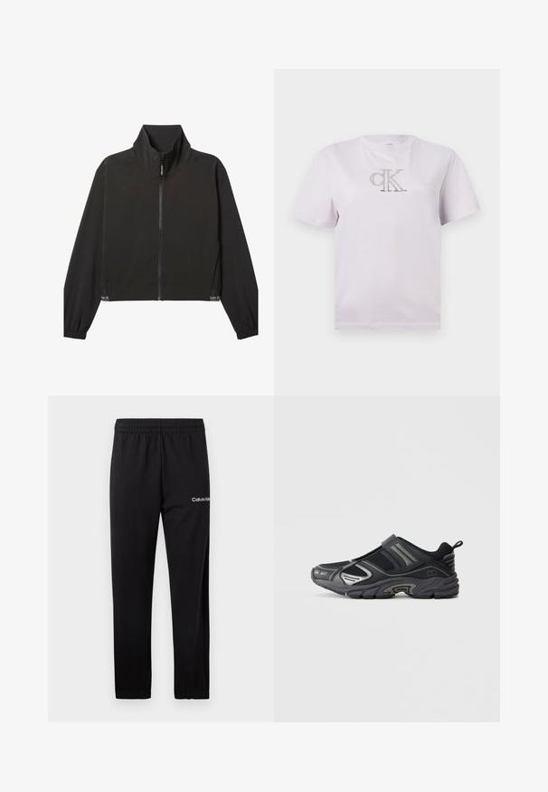 Čierna bunda na zips s dlhými rukávmi a vysokým golierom, elastickými manžetami a jemným bielym logom Calvin Klein blízko lemu na oboch stranách.; Biele tričko s krátkym rukávom, okrúhlym výstrihom a malým logom "cK" v strede na hrudi.; Čierne teplákové nohavice Calvin Klein s elastickým pásom a bielym logom na hornej ľavej stehne, zobrazené na bielom pozadí.; Čierna športová obuv s vrchnou časťou z sieťoviny, elegantný dizajn, strieborné doplnky, polstrovaná podrážka a elastický remienok. Bez šnúrok; detail loga na strane.