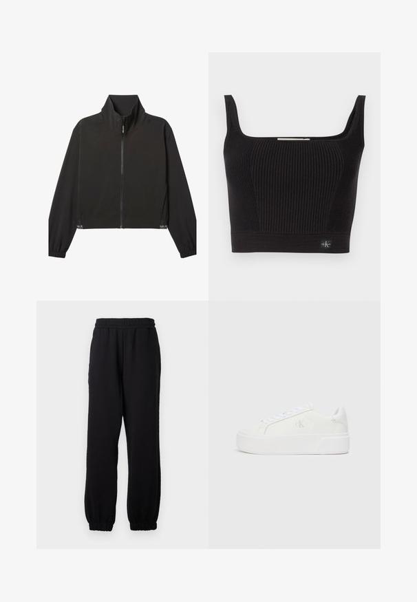 Must musta lukuga jope kõrge krae, elastsete varrukasäärtega ja peene valge Calvin Kleini logoga ääre lähedal mõlemal küljel.; Must mustriba crop-top lai lai rihmide raamiga, ruudukujulise kaelusega ja sobiva disainiga. Kõhualuses vasakus nurgas on väike logo silti.; Mustad elastse vöö ja pahkluudega püksid lõdva lõikega, valmistatud pehmest kangast, esitatud ühevärvsel taustal.; Valged platvormiketid sileda nahkjalaga, ümmargune varvas, valged paelad ja peen logo detail küljel. Lame kummist tald.