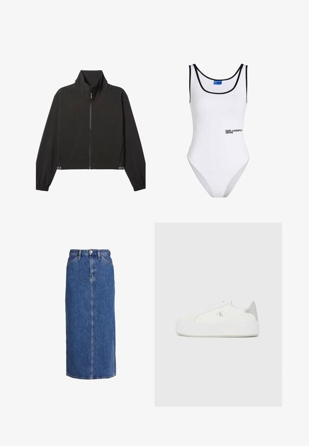 Čierna bunda na zips s dlhými rukávmi a vysokým golierom, elastickými manžetami a jemným bielym logom Calvin Klein blízko lemu na oboch stranách.; Biely rebrovaný body s čiernym lemovaním. Obsahuje okrúhly výstrih a logo "KARL LAGERFELD JEANS" na prednej strane. Hladká textúra.; Džínová midi sukňa v stredne modrej farbe so strihaním do priamky, predným zapínaním na gombíky, dvoma bočnými vreckami a viditeľným šitím pre textúru.; Biele plátené tenisky s hrubou bielou podrážkou, so strieborným kovovým akcentom na päte a jemným logom na boku.
