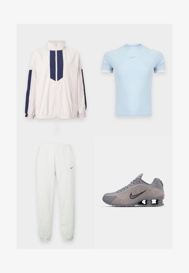 Letvægts Nike vindjakke i hvid og navy, med høj krave, lynlås lukning, elastiske manchetter og to sidelommer.; Lyseblå atletisk t-shirt med korte ærmer lavet af glat stof. Har rund halsudskæring og subtilt Nike-logo på brystet med hvide detaljer.; Lysegrå Nike joggingbukser med elastisk taljebånd, tilspidsede manchetter og et lille sort logo på venstre lår. Blødt, tekstureret stof.; Grå ruskinds atletiksko med et buet design, der har snørebånd, et sort swoosh-logo og en synlig stødabsorberende hælenhed.