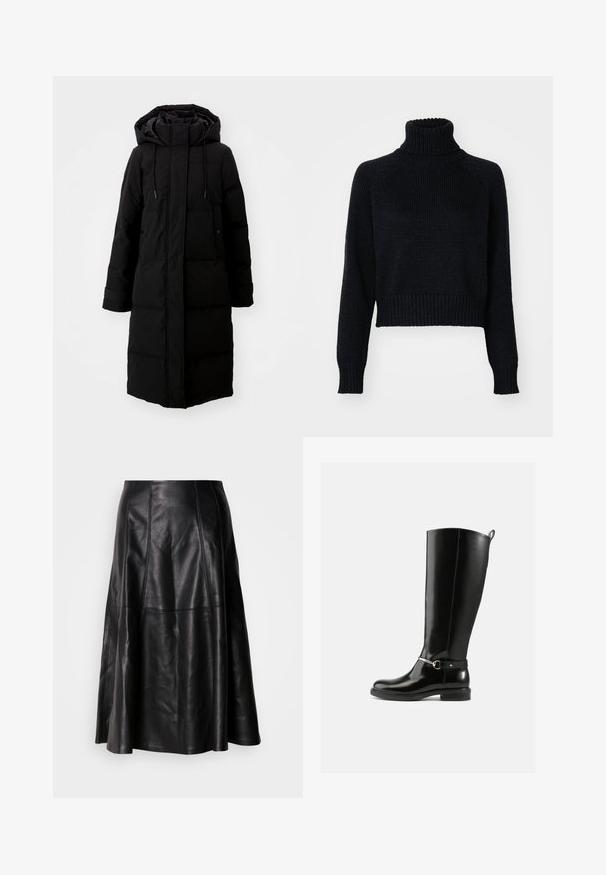 Sort polstret frakke med lang design, fuld lynlås og hætte. Har justerbare snoretræk og to forlommer. Glat tekstur.; Mørk strikket turtleneck sweater med et cropped design, der har ribbede manchetter og kant, samt en tekstureret vævning gennem hele. ; Sort lædernederdel med en flagrende silhuet, der har synlige sømme og en glat tekstur. Mellemlang design med en klassisk snit.; Sorte knæhøje støvler lavet af blankt læder med en sølvfarvet spænde ved anklen og rundet snude. Flad sål.