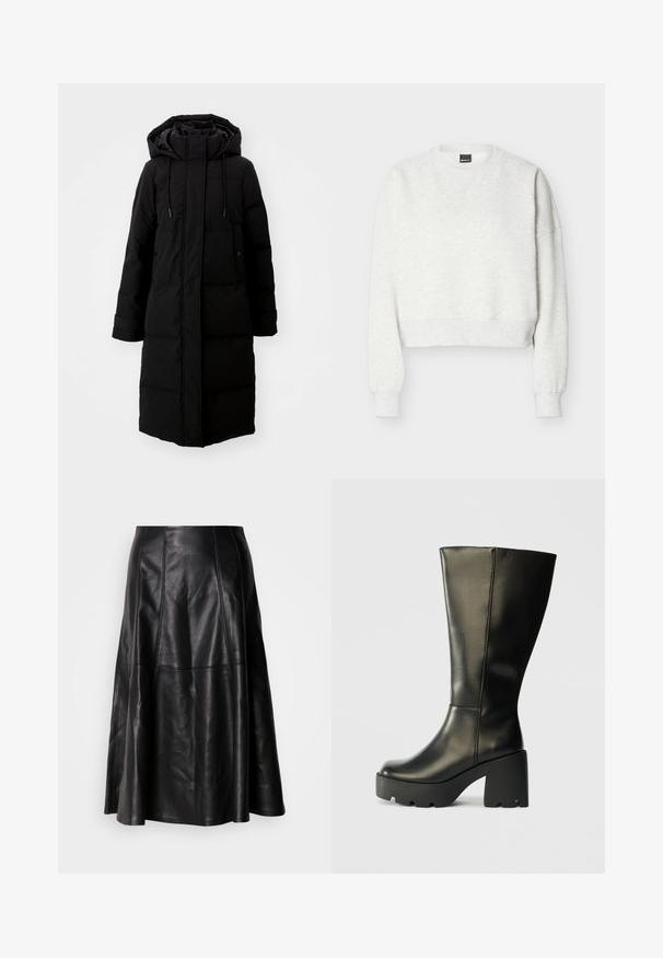 Sort polstret frakke med lang design, fuld lynlås og hætte. Har justerbare snoretræk og to forlommer. Glat tekstur.; Lysegrå cropped sweatshirt med rund hals, lange ærmer og ribstrikkede manchetter og kant.; Sort lædernederdel med en flagrende silhuet, der har synlige sømme og en glat tekstur. Mellemlang design med en klassisk snit.; Sorte læderknæhøje støvler med en kraftig struktureret sort platformhæl. Har en glat overflade og et slankt vertikalt design.
