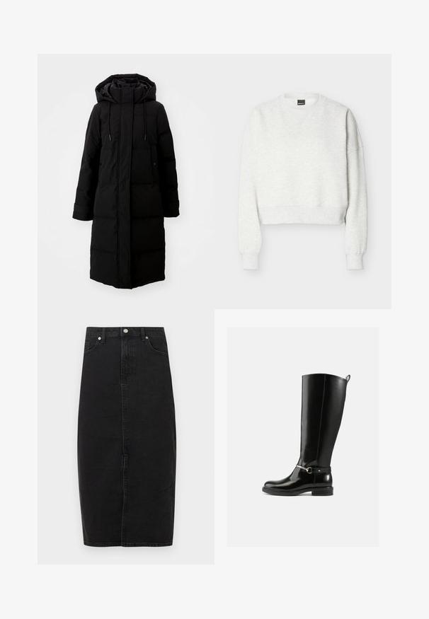 Zwarte gewatteerde jas met een lange snit, volledig rits en een capuchon. Voorzien van verstelbare trekkoorden en twee voorzakken. Lichte structuur.; Lichtgrijze cropped crewneck-sweatshirt met lange mouwen en geribde boorden en zoom.; Zwarte denimrok met een hoge taille, knielange zoom, voornaad en klassiek ontwerp met vijf zakken. Voorzien van metalen knoop en subtiele textuur.; Zwarte kniehoge laarzen van glanzend leer, met een zilveren gespdetail op de enkel en een afgeronde neus. Platte zool.