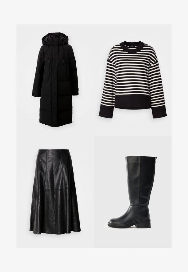 Abrigo acolchado negro de diseño largo, con cremallera completa y capucha. Cuenta con cordones ajustables y dos bolsillos frontales. Textura suave.; Suéter a rayas en blanco y negro, con cuello redondo, corte holgado y puños acanalados, hecho de material de punto suave.; Falda de cuero negro con una silueta acampanada, que presenta costuras visibles y una textura suave. Diseño de longitud media con un corte clásico.; Bota de cuero negra hasta la rodilla con punta redondeada, tacón cuadrado, costuras mínimas y una cinta en la parte trasera. Textura suave, diseño elegante.