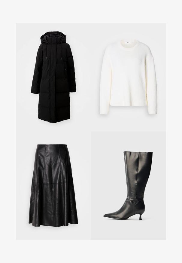 Manteau noir rembourré au design long, fermeture éclair intégrale et capuche. Il dispose de cordons de serrage réglables et de deux poches avant. Texture lisse.; Pull blanc en texture douce avec un col rond, des épaules tombantes et des poignets et ourlet côtelés. Design simple et dépouillé.; Jupe en cuir noir avec une silhouette évasée, présentant des coutures visibles et une texture lisse. Conception mi-longue avec une coupe classique.; Botte en cuir noire montant jusqu'au genou, avec un bout pointu et un petit talon bas, présentée sur un fond clair uni.