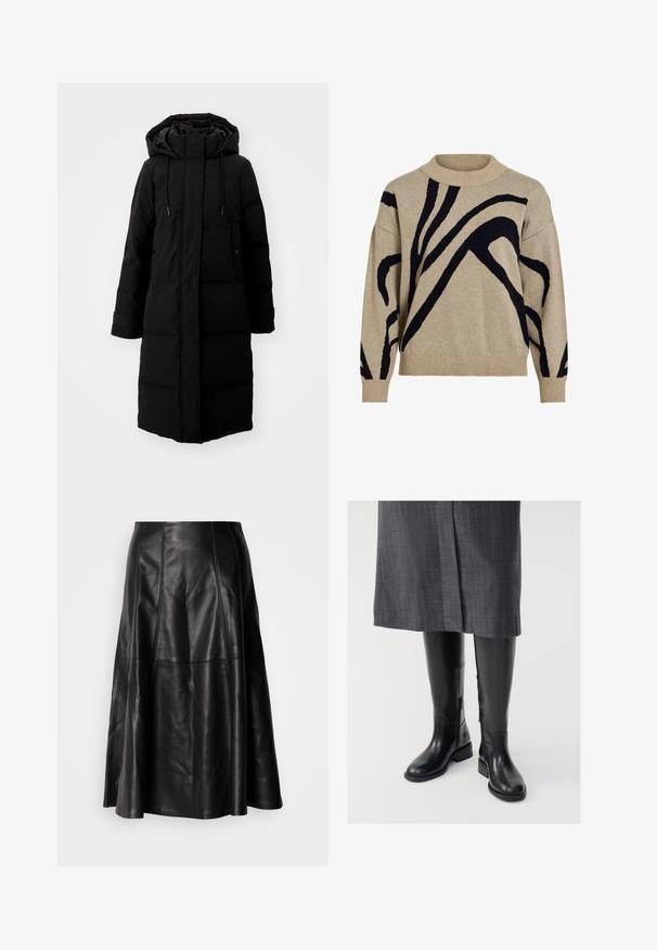 Sort polstret frakke med lang design, fuld lynlås og hætte. Har justerbare snoretræk og to forlommer. Glat tekstur.; Beige striktrøje med sorte abstrakte buede linjer, ribstrikket høj hals, manchetter og kant, præsenteret mod hvid baggrund.; Sort lædernederdel med en flagrende silhuet, der har synlige sømme og en glat tekstur. Mellemlang design med en klassisk snit.; Knæhøje sorte læderstøvler med en glat tekstur, lynlåse i siden og en flad sål. Støvlerne har et struktureret skaft og minimalt hardware.