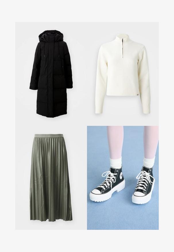 Manteau noir rembourré au design long, fermeture éclair intégrale et capuche. Il dispose de cordons de serrage réglables et de deux poches avant. Texture lisse.; Pull-over blanc à col zippé et manches longues. Fabriqué en matériau tricoté doux, avec des poignets et un ourlet côtelés. Logo de la marque subtil à l'ourlet.; Jupe midi plissée en vert doux, réalisée en tissu brillant. Elle possède une taille élastique et tombe au milieu du mollet avec des plis verticaux régulièrement espacés.; Baskets montantes noires avec semelles et lacets blancs, présentant un logo circulaire sur le côté et des coutures noires contrastantes. Tige en tissu texturé.