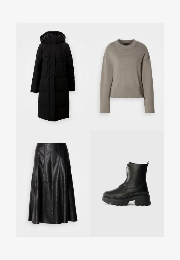Manteau noir rembourré au design long, fermeture éclair intégrale et capuche. Il dispose de cordons de serrage réglables et de deux poches avant. Texture lisse.; Pull cropped gris clair avec un col rond, des épaules tombantes et des poignets et ourlet côtelés. Texture douce, design simple.; Jupe en cuir noir avec une silhouette évasée, présentant des coutures visibles et une texture lisse. Conception mi-longue avec une coupe classique.; Bottine en cuir noir avec fermeture éclair, semelle en caoutchouc épaisse, détails striés autour de la semelle et une languette au dos.