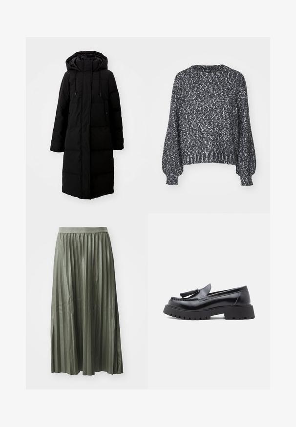 Manteau noir rembourré au design long, fermeture éclair intégrale et capuche. Il dispose de cordons de serrage réglables et de deux poches avant. Texture lisse.; Pull en tricot noir et blanc texturé avec un col rond, des manches ballons longues et des bords côtelés au niveau des poignets et de l'ourlet. Coupe décontractée, matériau chaud.; Jupe midi plissée en vert doux, réalisée en tissu brillant. Elle possède une taille élastique et tombe au milieu du mollet avec des plis verticaux régulièrement espacés.; Mocassins en cuir noir avec une forme effilée, un détail à pampilles, et une semelle en caoutchouc épaisse présentant un motif cramponné pour une meilleure adhérence.