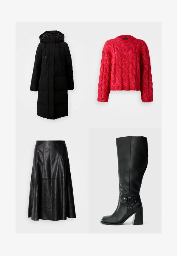 Manteau noir rembourré au design long, fermeture éclair intégrale et capuche. Il dispose de cordons de serrage réglables et de deux poches avant. Texture lisse.; Pull en maille côtelée rouge avec un col rond, des manches longues et un design court. Le matériau semble doux, avec un motif texturé.; Jupe en cuir noir avec une silhouette évasée, présentant des coutures visibles et une texture lisse. Conception mi-longue avec une coupe classique.; Bottes en cuir noires arrivant au genou, avec un bout carré, un large talon et une sangle décorative avec des accents métalliques autour de la cheville. Texture lisse.