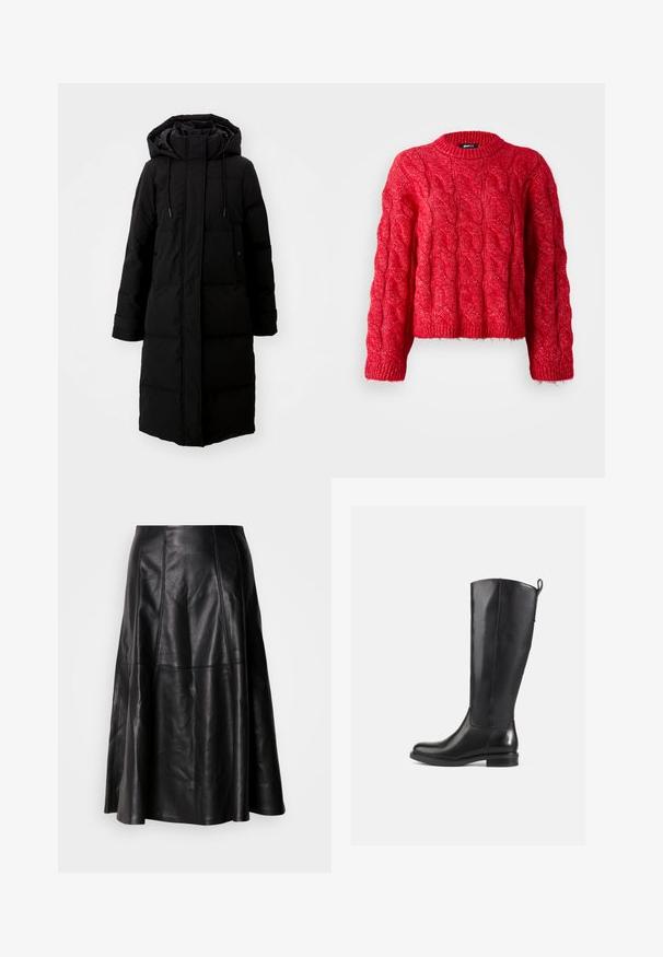 Sort polstret frakke med lang design, fuld lynlås og hætte. Har justerbare snoretræk og to forlommer. Glat tekstur.; Rød kabelstrikket sweater med rund halsudskæring, lange ærmer og en cropped design. Materialet virker blødt og har et mønstret tekstur.; Sort lædernederdel med en flagrende silhuet, der har synlige sømme og en glat tekstur. Mellemlang design med en klassisk snit.; Knæhøje sorte læderstøvler med en glat finish, rund tå, lav hæl og en flap bagpå. Minimalistisk design uden synlige mønstre.