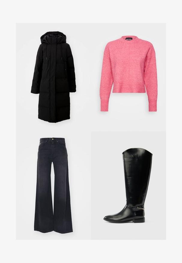 Sort polstret frakke med lang design, fuld lynlås og hætte. Har justerbare snoretræk og to forlommer. Glat tekstur.; Rosa cropped sweater med rund hals, lange ærmer, ribbede manchetter og kant. Afslutningen har en let tekstureret finish. Mærket er synligt.; Sorte højtaljede jeans med vide ben, foran med knapper og lynlås samt fem-lomme design.; Høj sort læderstøvle med spids tå, lav hæl og sølvfarvet metaldetalje ved anklen på en ens hvid baggrund.
