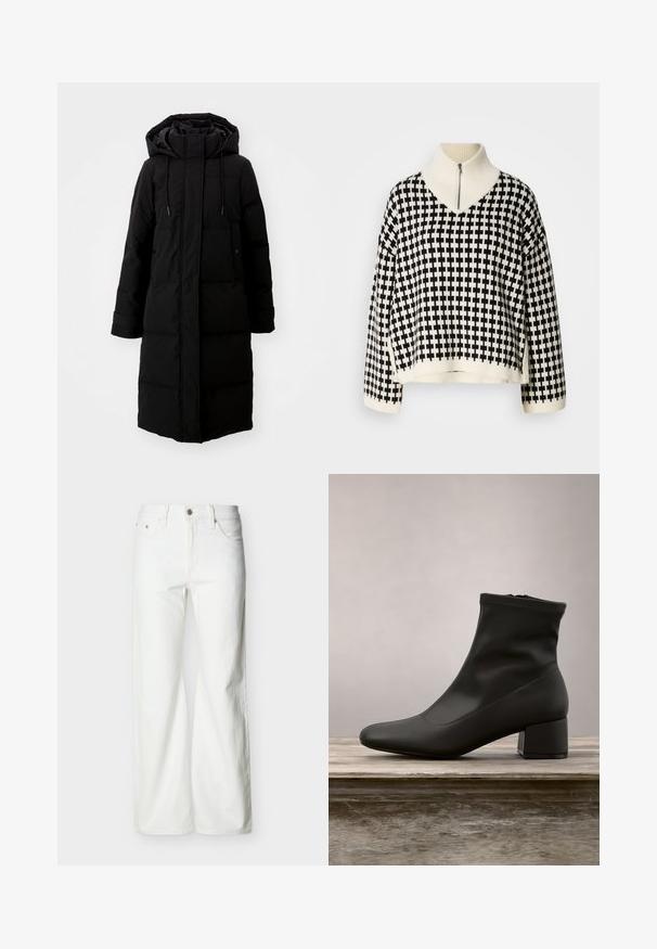 Sort polstret frakke med lang design, fuld lynlås og hætte. Har justerbare snoretræk og to forlommer. Glat tekstur.; Sweater i sort og creme med et ternet mønster, der har en høj krave og en halvlukning. Fremstillet af et tekstureret strikkemateriale.; Hvide jeans med høj talje og lige ben, med forreste knap, lynlåslukning samt sidelommer og baglommer, mod en ensartet lys baggrund.; Sort ankelstøvle med en glat, skinnende læderfinish, en skrå blokhælkappe og en tætsiddende, elastisk overdel for en slank silhuet.