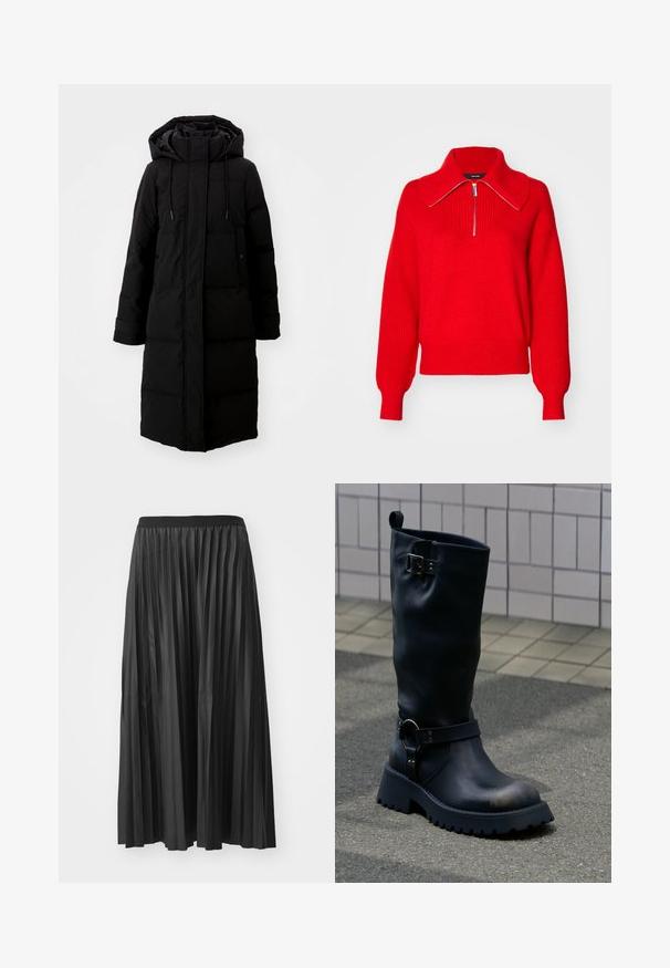 Manteau noir rembourré au design long, fermeture éclair intégrale et capuche. Il dispose de cordons de serrage réglables et de deux poches avant. Texture lisse.; Pull en tricot rouge avec un col montant, doté d'une fermeture éclair et d'une texture côtelée. Coupe ample avec des manches larges et une couleur unie.; Jupe maxi plissée noire avec une texture lisse et une taille élastique, dotée de plis verticaux qui créent du volume et du mouvement.; Botte en cuir noir mi-mollet avec semelle épaisse, boucle métallique près du sommet, et bride avec détail anneau au-dessus de la cheville, sur une surface pavée.