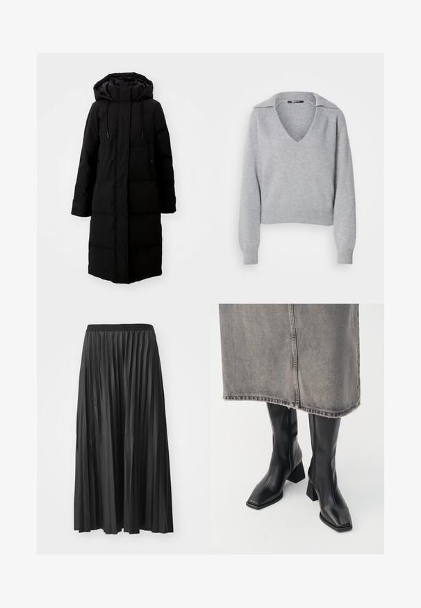 Manteau noir rembourré au design long, fermeture éclair intégrale et capuche. Il dispose de cordons de serrage réglables et de deux poches avant. Texture lisse.; Pull en tricot gris avec un col en V et un col, doté de manches longues et de poignets côtelés. Texture douce, design court, détails minimalistes.; Jupe maxi plissée noire avec une texture lisse et une taille élastique, dotée de plis verticaux qui créent du volume et du mouvement.; Bottes noires montantes en cuir lisse avec un bout carré et un talon bloc. Portées avec une jupe en denim grise à l'ourlet effiloché.