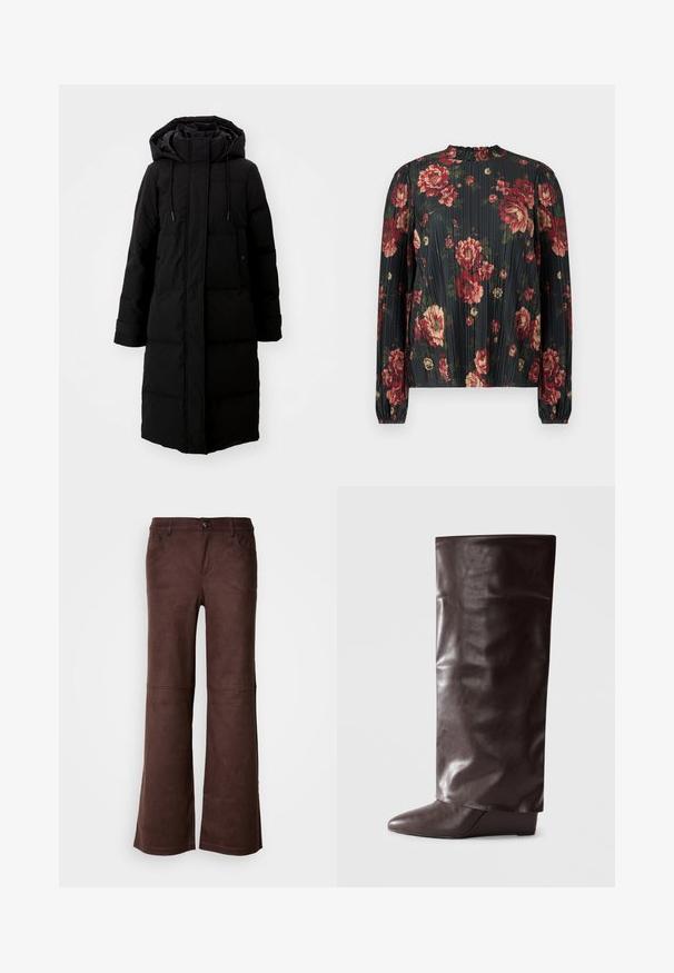 Sort polstret frakke med lang design, fuld lynlås og hætte. Har justerbare snoretræk og to forlommer. Glat tekstur.; Bluse med blomsterprint og plisseringer, der har en mørk baggrund med røde og cremefarvede blomster, høj hals og lange ærmer med elastiske manchetter.; Brune flagrende bukser i et blødt, suede-lignende stof. Har fire lommer, en knaplukning og en glat, tekstureret overflade.; Brun læder knæhøj støvle med en glat tekstur, spids tå, lav kilehælhøj samt en let krøllet finish.