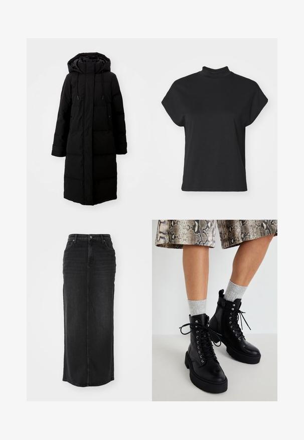 Abrigo acolchado negro de diseño largo, con cremallera completa y capucha. Cuenta con cordones ajustables y dos bolsillos frontales. Textura suave.; Camiseta negra de manga corta con cuello alto, hecha de un textil suave, con un corte holgado y un dobladillo recto.; Falda maxi de mezclilla negra con corte recto, cintura de altura media, bolsillos frontales y costuras visibles a lo largo de las costuras.; Steve Madden GUSTO - Botines con plataforma - black