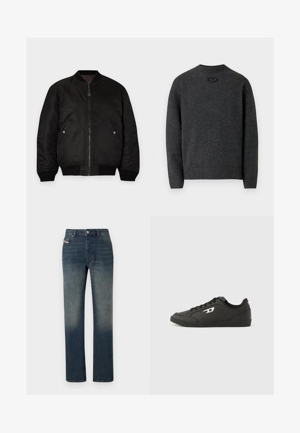 Veste bomber noire avec une fermeture éclair à l'avant, des poignets côtelés et deux grandes poches latérales. Présente une texture lisse et mate ainsi qu'un col rond.; Pull gris foncé en tissu tricoté doux, avec un col rond et des poignets et un ourlet côtelés. Comprend un petit détail de logo à l'arrière.; Jean en denim bleu à jambe droite avec lavage délavé, fermeture avant par bouton et fermeture éclair, et design à cinq poches.; Baskets synthétiques noires avec une semelle noire texturée, un bout rond et des lacets plats noirs. Logo blanc remarquablement placé sur le côté extérieur.