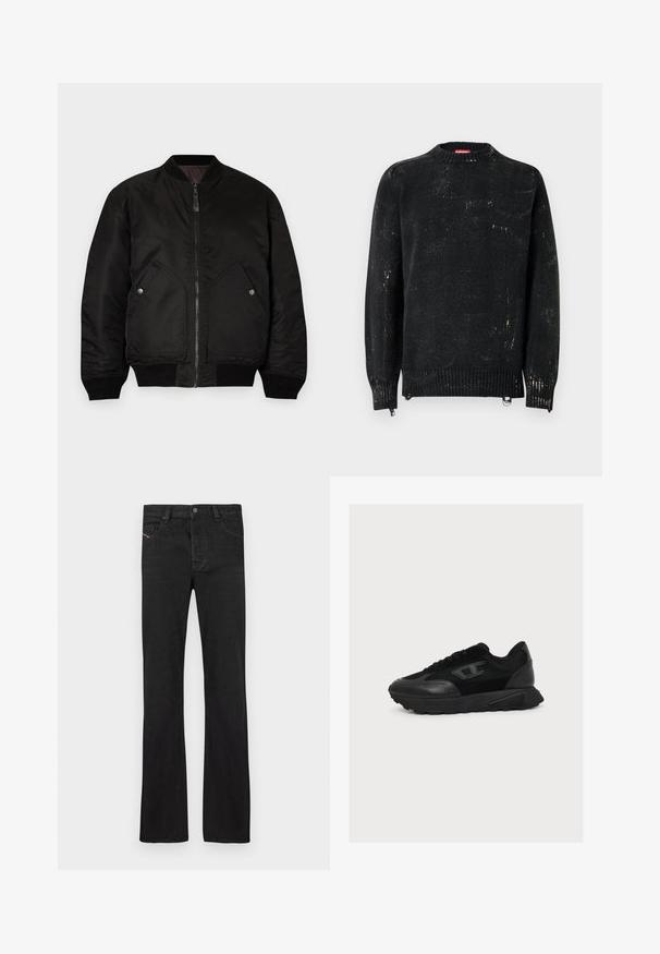 Veste bomber noire avec une fermeture éclair à l'avant, des poignets côtelés et deux grandes poches latérales. Présente une texture lisse et mate ainsi qu'un col rond.; Pull noir en maille avec un col rond, des poignets et un ourlet côtelés. Présente une texture usée avec des marques plus claires. Fermetures éclair latérales pour ajustement.; Jean en denim noir avec une coupe droite, comprenant cinq poches, une fermeture avant à boutons et des coutures rouges subtiles sur la poche gauche.; Baskets basses noires avec tige en mesh et cuir mélangés, fermeture à lacets et semelle texturée, présentées en profil droit sur fond blanc.