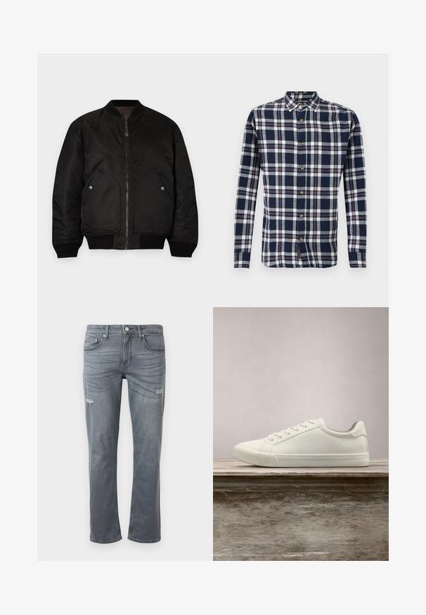 Veste bomber noire avec une fermeture éclair à l'avant, des poignets côtelés et deux grandes poches latérales. Présente une texture lisse et mate ainsi qu'un col rond.; Chemise à manches longues pour homme à carreaux bleu marine, blanc et rouge. Tissu en coton, col classique et boutons en bois.; Jeans en denim gris avec une coupe droite, légère déchirure au niveau des genoux et style traditionnel à cinq poches. Fermeture à bouton à la taille.; Sneaker en dentelle blanche flottant au-dessus d'un banc en bois avec un feuillage vert en arrière-plan, mettant en valeur le design et la texture de la chaussure.