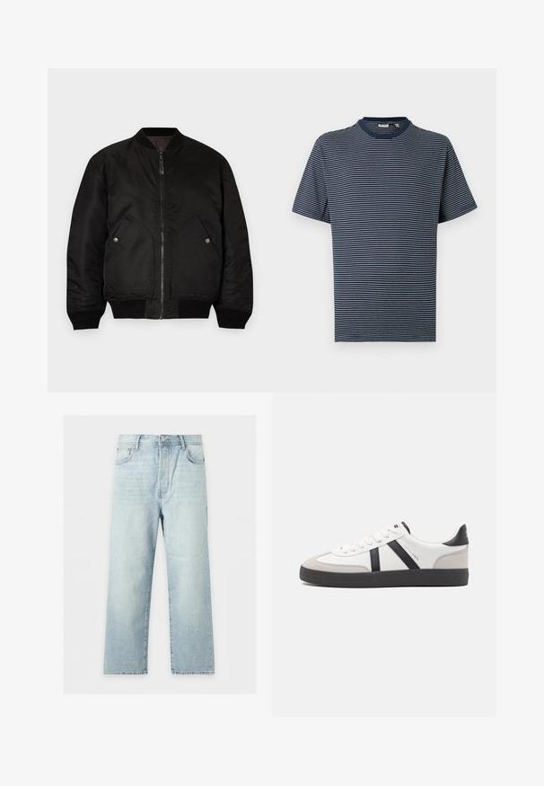 Chaqueta bomber negra con cremallera frontal, puños de canalé y dos grandes bolsillos laterales. Presenta una textura suave y mate y un cuello redondo.; Camiseta azul marino de manga corta con finas rayas horizontales blancas y cuello redondo sobre un fondo liso.; Vaqueros azul claro de pierna ancha con cinco bolsillos, cierre de botón y cremallera, y lavado ligeramente desteñido, colocados extendidos sobre un fondo blanco.; Zapatilla blanca con acentos en negro y gris, que presenta una puntera texturizada en gris, suela de goma negra y cordones planos blancos. Diseño limpio, estilo minimalista.