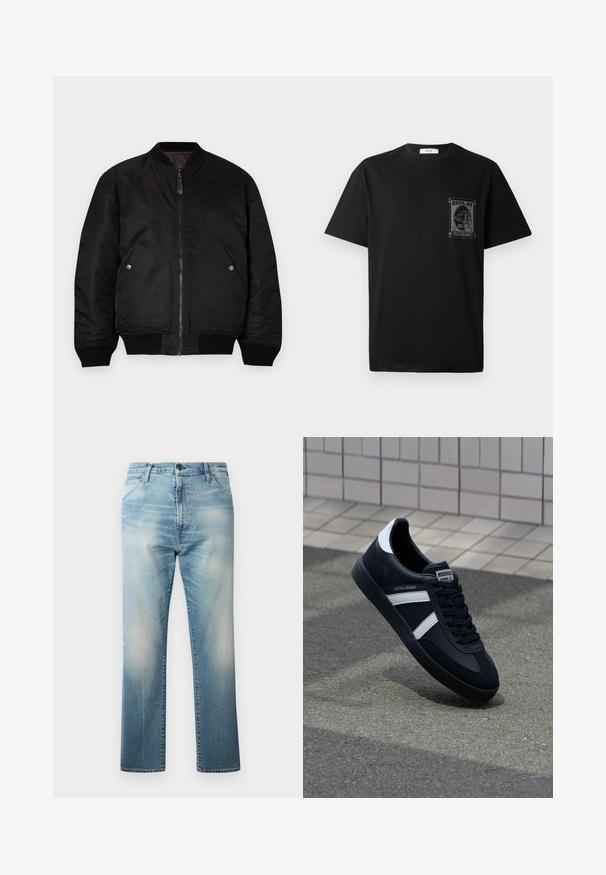 Veste bomber noire avec une fermeture éclair à l'avant, des poignets côtelés et deux grandes poches latérales. Présente une texture lisse et mate ainsi qu'un col rond.; T-shirt en coton noir à manches courtes, avec un imprimé graphique sur la poitrine gauche et un petit accent rouge près de l'encolure.; Replay WAINE PANTS - Jean boyfriend - light blue; Sneaker en cuir noir avec des rayures blanches, semelle en caoutchouc texturée et devant à lacets. Présente une étiquette de marque sur la languette.