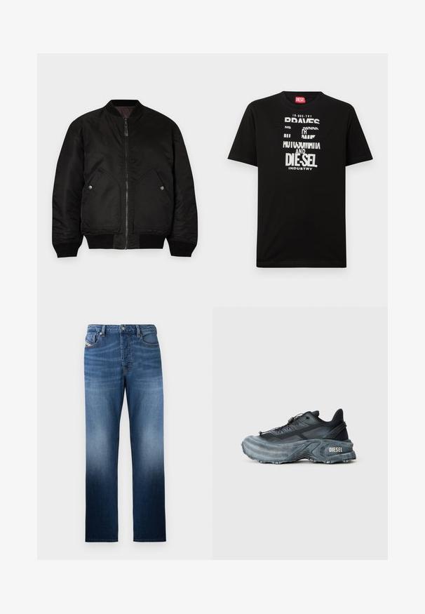 Μαύρο bomber jacket με φερμουάρ μπροστά, ριμπ μανσέτες και δύο μεγάλες πλευρικές τσέπες. Διαθέτει μαλακή, ματ υφή και στρογγυλό γιακά.; Μαύρο βαμβακερό T-shirt με έντονα λευκά γραφικά κειμένου, συμπεριλαμβανομένων των λέξεων "DIESEL" και "INDUSTRY", με στρογγυλή λαιμόκοψη και κοντά μανίκια.; Σκούρο μπλε τζιν παντελόνι με ίσια γραμμή, που διαθέτει εφέ ξεθωριασμένου πλυσίματος. Περιλαμβάνει μπροστινό κούμπωμα με κουμπί και τσέπες.; Μαύρο και γκρι sneaker Diesel με παχιά σόλα, σύρμα κορδονιού και υφή σε απλό ανοιχτό γκρι φόντο.