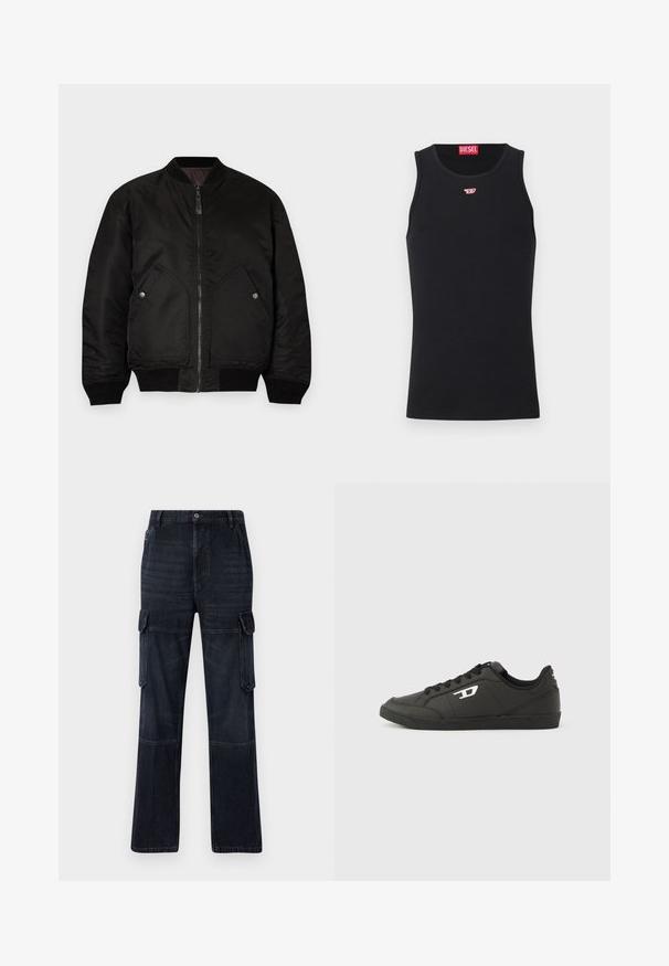 Chaqueta bomber negra con cremallera frontal, puños de canalé y dos grandes bolsillos laterales. Presenta una textura suave y mate y un cuello redondo.; Camiseta sin mangas negra de Diesel con pequeño logo rojo y blanco en el pecho y etiqueta roja de Diesel dentro del cuello.; Pantalones cargo de mezclilla oscura con un ajuste relajado, que cuentan con dos bolsillos laterales, paneles en las rodillas y costuras en contraste. Cierre con botón metálico en la cintura.; Zapatillas deportivas negras sintéticas con suela negra texturizada, puntera redonda y cordones planos negros. Destaca un logo blanco en el lateral exterior.