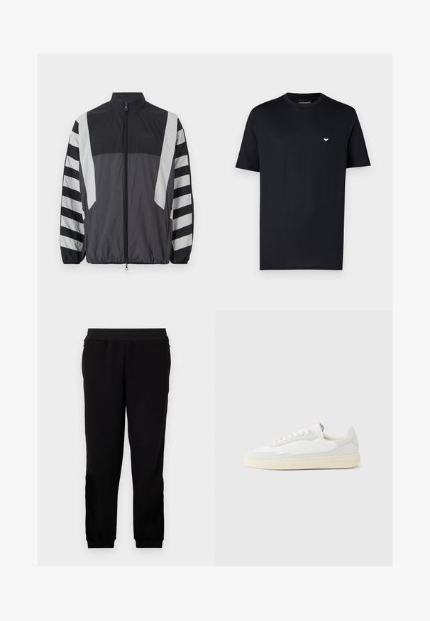 Windbreaker jas in zwart en grijs. Heeft een hoge kraag, een volledige ritssluiting en gestreepte mouwen. Gemaakt van lichtgewicht, textuurstof.; Zwart katoenen T-shirt met een ronde hals, korte mouwen en een klein goudkleurig logo op de borst. Gladde textuur, standaard pasvorm.; Zwarte sportbroek gemaakt van zachte stof, met een elastische tailleband, getailleerde manchetten en zijzakken voor extra gemak.; Witte sneaker met een bovenwerk van gestructureerd suède en leer. Voorzien van een afgeronde neus, vetersluiting en een contrasterende beige rubberen zool.