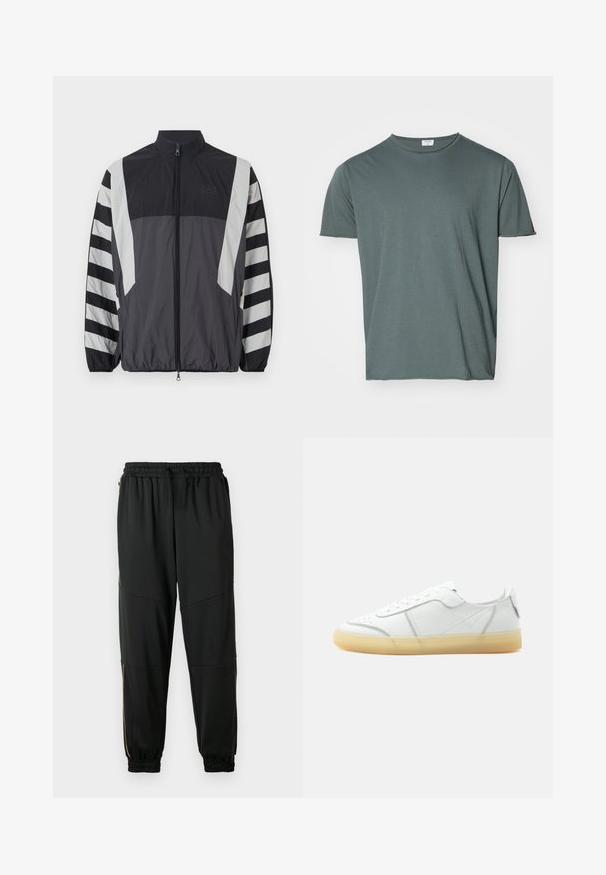 Windbreaker jas in zwart en grijs. Heeft een hoge kraag, een volledige ritssluiting en gestreepte mouwen. Gemaakt van lichtgewicht, textuurstof.; Donkergroen T-shirt met ronde hals, korte mouwen, zacht materiaal, relaxed fit, gladde textuur, geen zichtbare patronen of accenten.; Zwarte sportbroek van rekbaar materiaal, met een elastische tailleband, zijzakken met rits en geknoopte hemden met contrasterende gouden accenten.; Witte lage leren sneaker met beige doorschijnende zool, veters aan de voorkant en minimale stiksel details, zijaanzicht op een effen achtergrond.