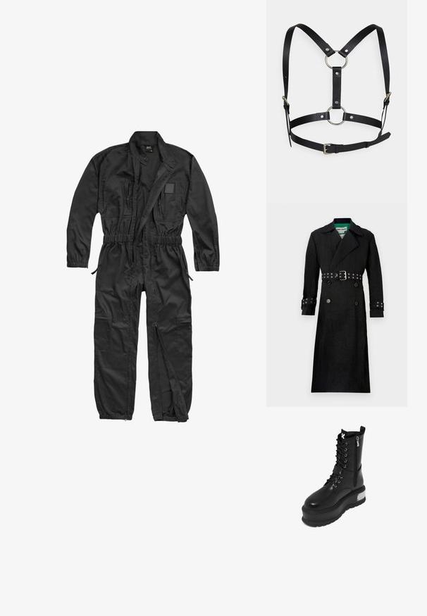 Schwarzer Trenchcoat mit strukturierter Oberfläche, doppelreihiger Front, breiten Revers und tailliertem Design mit silbernen Ösen an den Manschetten.; Brandit BRANDIT HERREN EINSATZKOMBI - Jumpsuit - black; Schwarze Kunstleder-Kampfstiefel mit einer dicken Plattform, ausgestattet mit Schnürung, Reißverschluss und metallic Akzent an der Ferse.; Schwarzes Leder-Harness mit verstellbaren Riemen, ausgestattet mit silbernen Metallringen und Nieten. Das Design umfasst einen zentralen Ring und einen Schnallenverschluss.
